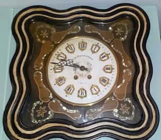Signed French Antique Oeil De Boeuf Wall Clock With Mother Of Pearl Inlays