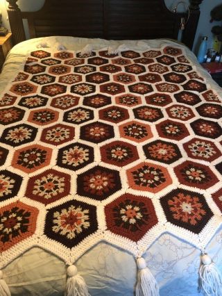 Vtg Handmade Afghan Blanket Crochet Flowers Hexagon Granny Square Throw Browns