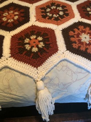 Vtg Handmade Afghan Blanket Crochet Flowers Hexagon Granny Square Throw Browns 2
