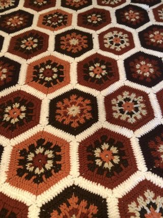 Vtg Handmade Afghan Blanket Crochet Flowers Hexagon Granny Square Throw Browns 3