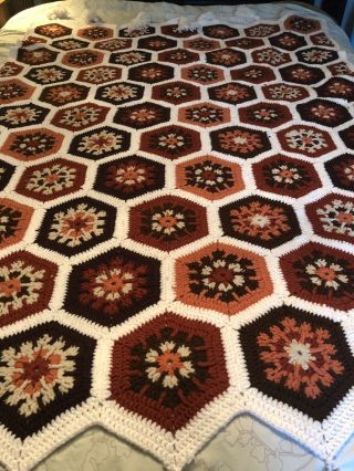 Vtg Handmade Afghan Blanket Crochet Flowers Hexagon Granny Square Throw Browns 4
