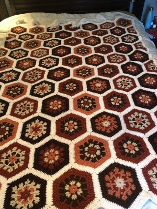 Vtg Handmade Afghan Blanket Crochet Flowers Hexagon Granny Square Throw Browns 5