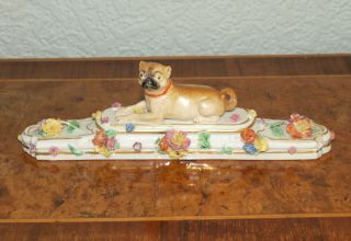 Antique Meissen Porcelain Pug Dog Flower Encrusted Paperweight