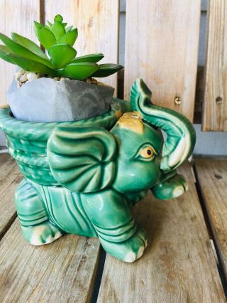 Elephant Majolica Planter Bowl Jade Green Glazed Art Pottery Vintage Antique
