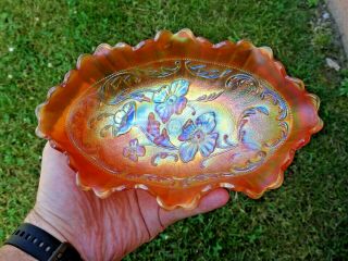 Antique Northwood Carnival Glass Poppy Marigold Stippled Pickle Relish Tray Dish