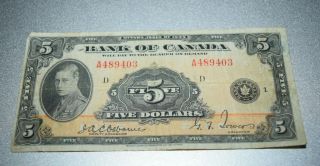 Antique Rare 1935 Bank Of Canada 5 Dollars Bank Note Prince Of Wales