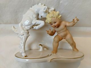 Vintage Wallendorf Schaubach Kunst German Porcelain Cherub Boy & Goat Figurine