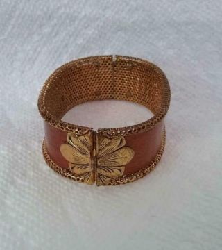 Lovely Art Noveau Bent Wood & Gold Accent Bracelet Gold Mesh Inside Antique 7.  5