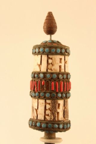 Vtg Antique Old Tibetan Prayer Wheel Turquoise & Coral Carved Bovine Bone 2