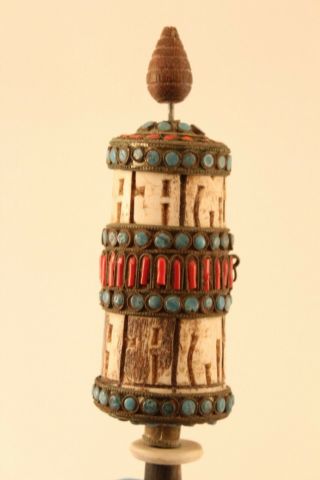 Vtg Antique Old Tibetan Prayer Wheel Turquoise & Coral Carved Bovine Bone 3