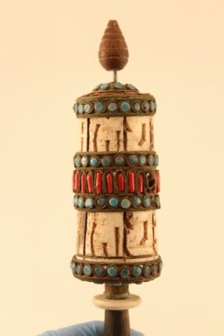 Vtg Antique Old Tibetan Prayer Wheel Turquoise & Coral Carved Bovine Bone 4