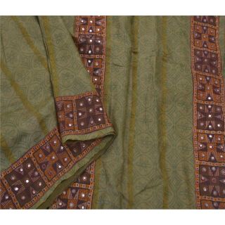 Tcw Vintage Saree Pure Silk Hand Embroidered Green Craft Fabric Premium 5yd Sari
