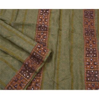 Tcw Vintage Saree Pure Silk Hand Embroidered Green Craft Fabric Premium 5Yd Sari 2