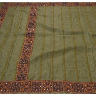 Tcw Vintage Saree Pure Silk Hand Embroidered Green Craft Fabric Premium 5Yd Sari 3