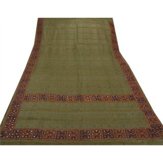 Tcw Vintage Saree Pure Silk Hand Embroidered Green Craft Fabric Premium 5Yd Sari 4
