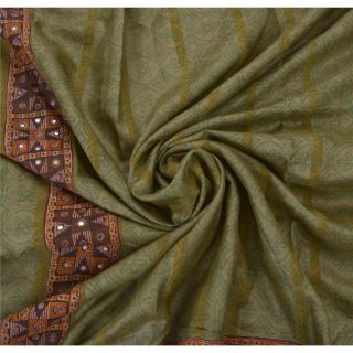 Tcw Vintage Saree Pure Silk Hand Embroidered Green Craft Fabric Premium 5Yd Sari 5