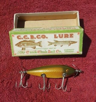 Vintage Creek Chub Bait Co.  Lure No.  1504 Injured Minnow Green Gold Box Inc.