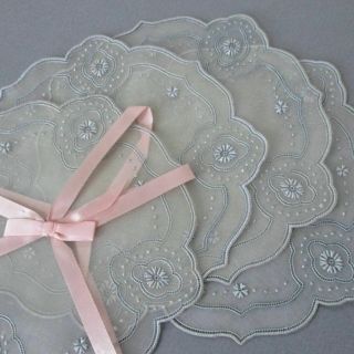 Set 4 Vintage Madeira Hand Embroidered Organdy 6 " Doilies Soft Grey.
