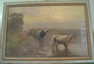 Antique,  Late Victorian Harold E Hughes C1900 Oil Painting Of Cows At Dusk
