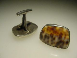 Vintage Hand Made Silver Tiger Cowrie Shell Gem Stone Of Sea Cuff Links Signed 2