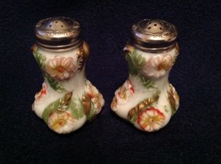 Antique Fancy Decorated Glass Salt & Pepper Shakers W/ Embossed Flowers