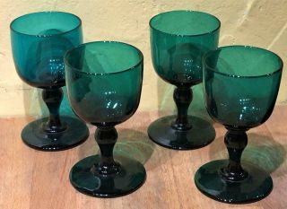Set Of 4 Antique Teal Blue - Green Blown Glass Footed Wines,  19th Century