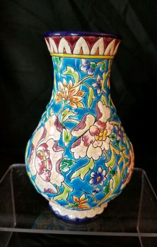 Antique Emaux De Longwy Enameled Vase - Floral Design - Flow Blue Glaze - Rare -