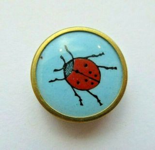 Gorgeous Antique Vtg Turquoise Glass In Metal Button Enamel Ladybug Beetle (u)