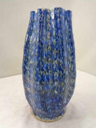 Vtg Antique Rare Blue Black Spongeware Stoneware Hand Thrown Fluted Tulip Vase