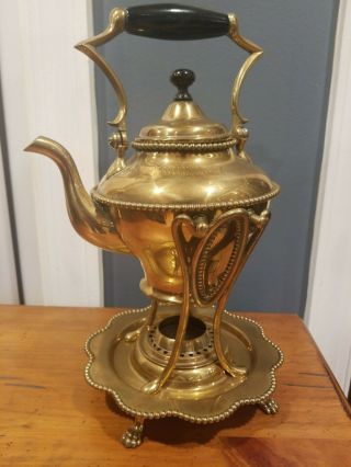 Antique Brass Tea Pot Kettle With Ornate Stand And Burner By Trade Mark S&c