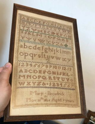 Antique Needlework Sampler Dated 1824 Alphabet/numbers Mary Broadrick (child)