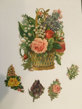 Antique Victorian Floral Bouquet In Wicker Basket Scraps Embossed Die Cut 1850 