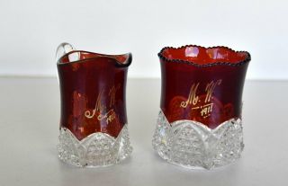 Antique Exhibition / Show Glass Ruby Flashed Sugar & Creamer Souvenir 1911