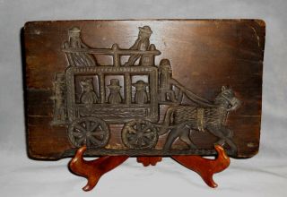 Antique Vintage Hand Carved Wood Mold Primitive Carriage With Horse & People
