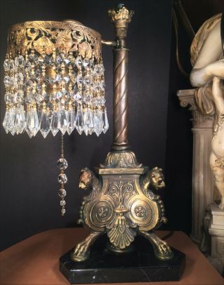 Fine Antique French Gilt Bronze Empire Rev.  Lioness Lamp Austrian Crystals 1915