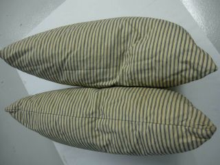 2 Vintage Primitive Blue Stripe Ticking Feather Pillows Down Antique Old Country 3
