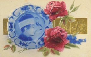 China Old Postcard Hand Painted Chinese Man Pipe Plate 1900 