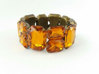 Bright Amber Orange Claw Set Rhinestone Bracelet Antique Brass Tone Metal
