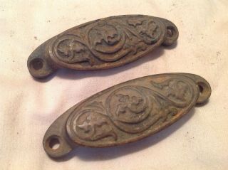 Pair Antique/vintage 4 " Embossed Cast Iron Drawer Pulls