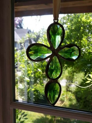 Antique Vintage Leaded Beveled Stained Glass Green Teardrop Cross Sun Catcher