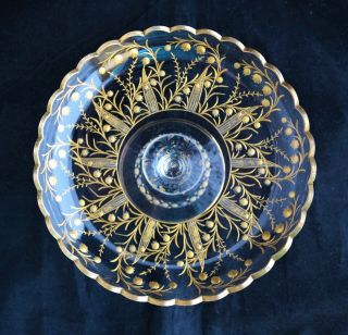 Antique Bohemian Moser Style Engraved Glass Gold Gilt Compote Footed Dish