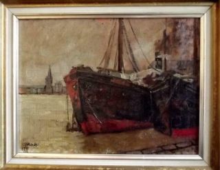 Rudolf Priebe 1889 - 1964 Impressionist Harbour Scene At Dusk Antique Oil Painting