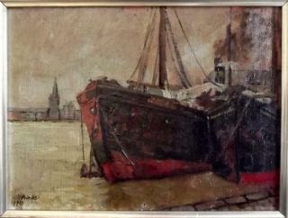 RUDOLF PRIEBE 1889 - 1964 Impressionist Harbour Scene at Dusk ANTIQUE OIL PAINTING 3