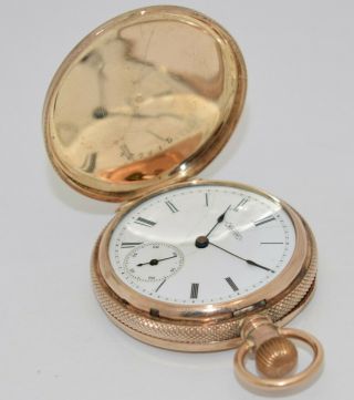 Vintage ELGIN Pocket Watch 6s 7j c.  1888 IN BROOKLYN EAGLE 8K GOLD Hunting Case 4