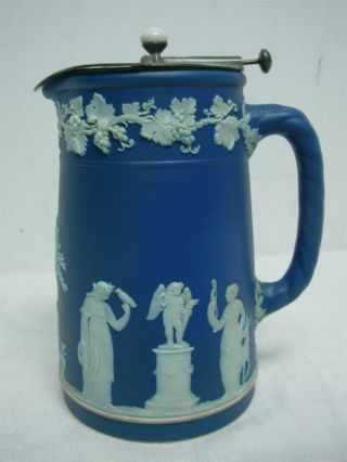 Antique Wedgwood England Dark Blue Jasperware 6 " Syrup Pitcher W Pewter Top
