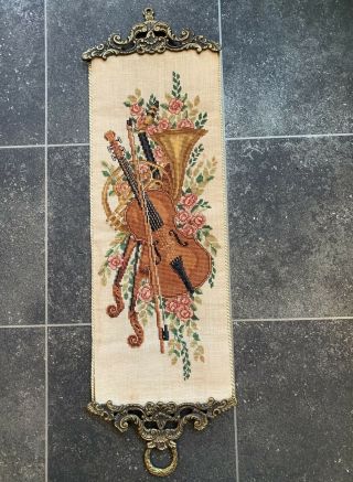 Needlepoint Wallhanging With Heavy Brass Ends 23” Flowers Musical Instruments