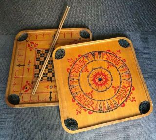 Set Of 2 Antique Carrom Boards With Que Game Boards (diff.  Design Each Side)