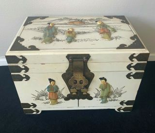 Vintage Chinese Lacquer And Jade Or Hardstone Jewelry Cabinet