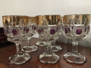 6 - Us Glass Bullseye And Daisy Goblet Amethyst Stained Gold,  Antique Eapg Newport