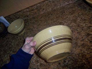 Antique Yellow Ware Mixing Bowl Stoneware Brown Bands Primitive 8 1/4 Inch